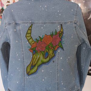 Handmade Stretch Jean Statement Jacket With Painted Cow Skull Roses M 8/10 NWT